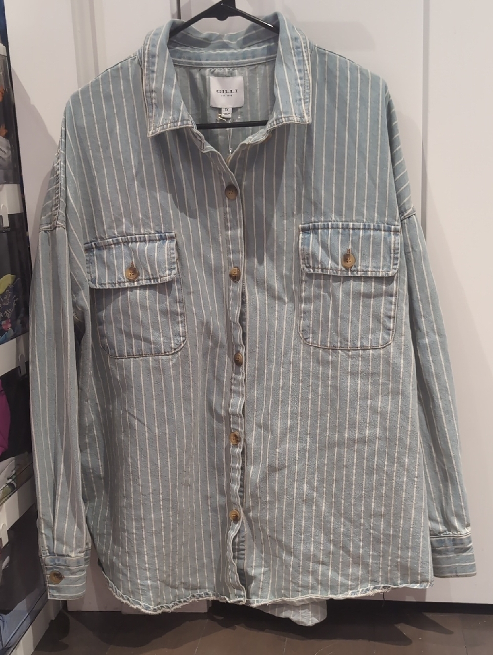 Light Blue and White Striped Denim Shacket